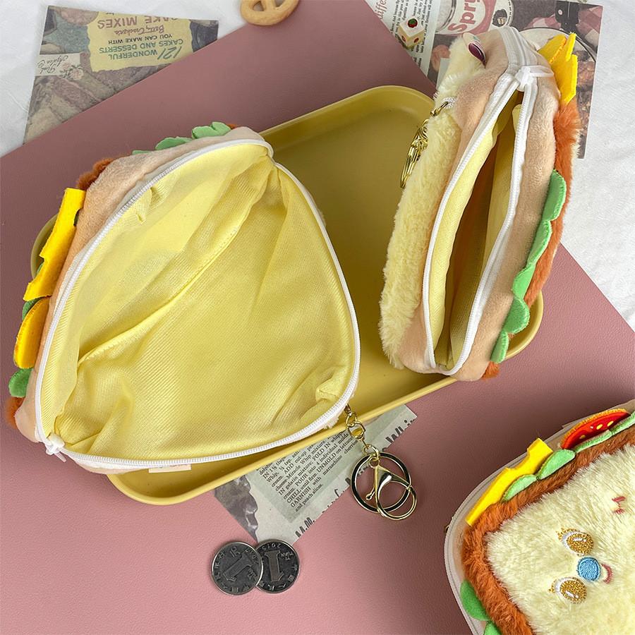 Creative Cartoon Sandwich Plush Coin Purse Fun Food Keychain For Kids Soft Storage