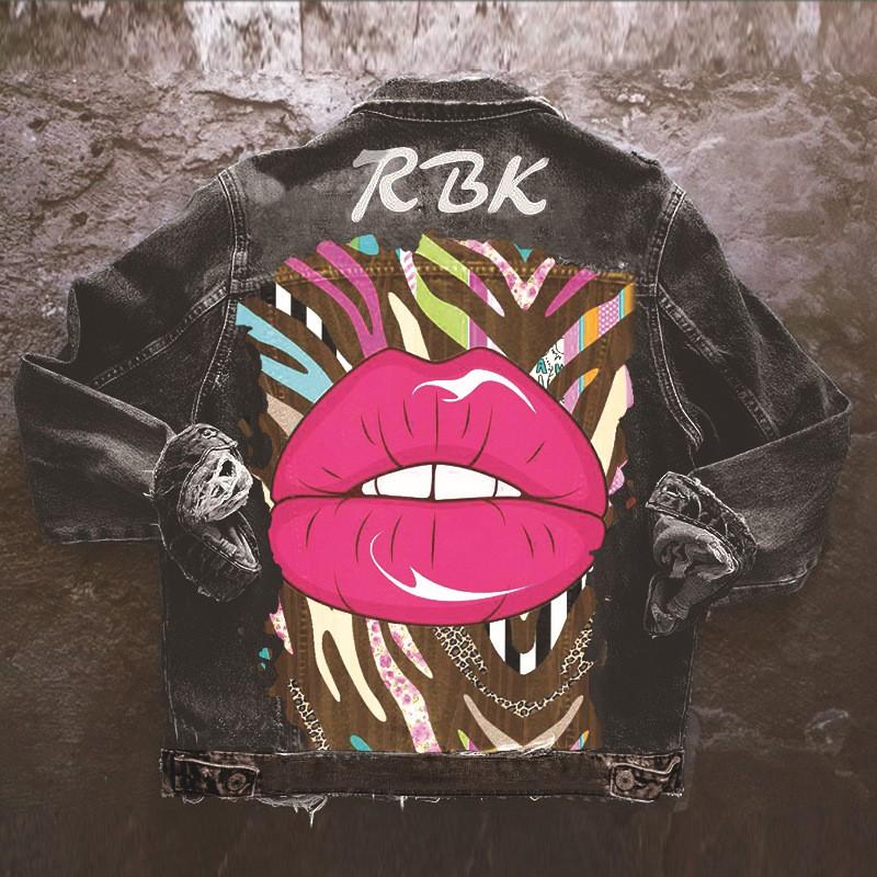 1484 Red Lips Print Denim Jacket