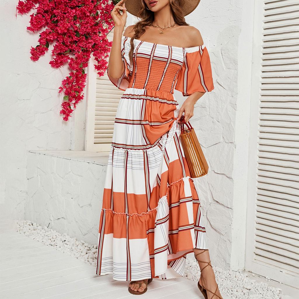 Women's Casual Fashion Solid Colour One Neck Short Sleeve Waist Slim Long Big Swing Dress