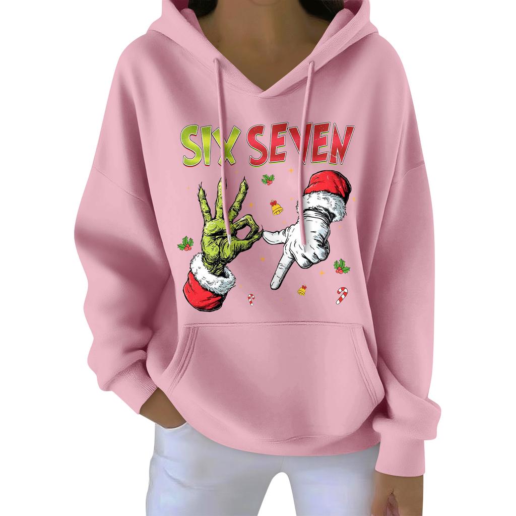 Damenmode Damen Leichter Langarmpullover mit Taschen Preppy Graphic Hoodie