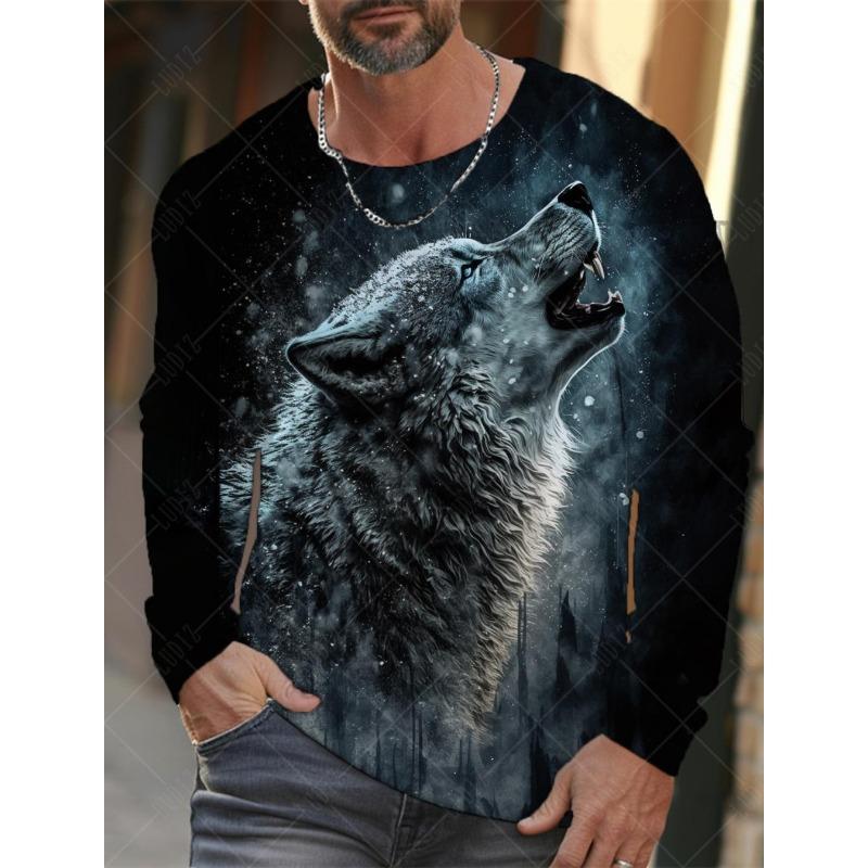 Men's T Shirts Vintage Animal Wolf Long Sleeve Tops Autumn Sweatshirt Graphic Casual Hip Hop Fashion Clothing O-neck T-shirts