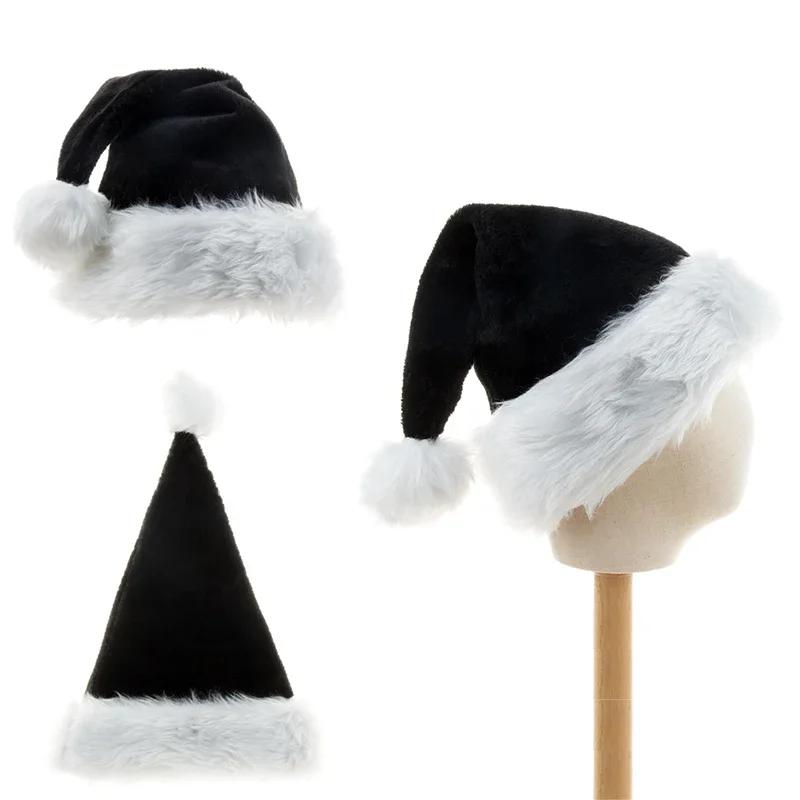 Black Plush Christmas Hat Unisex Xmas Hat For Adults Kids Comfortable Santa Claus Cosplay Supplies Christmas Party Decor Gift