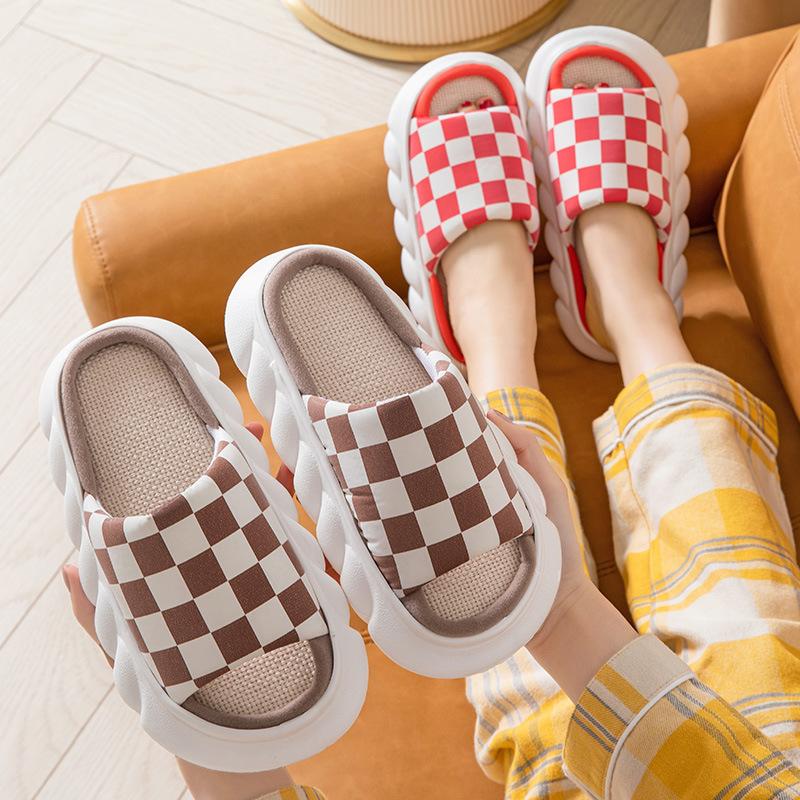 Four Seasons Linen Thick-soled Slippers Checkerboard Simple Home Non-slip Cool Slippers Couple Wooden Floor Mop