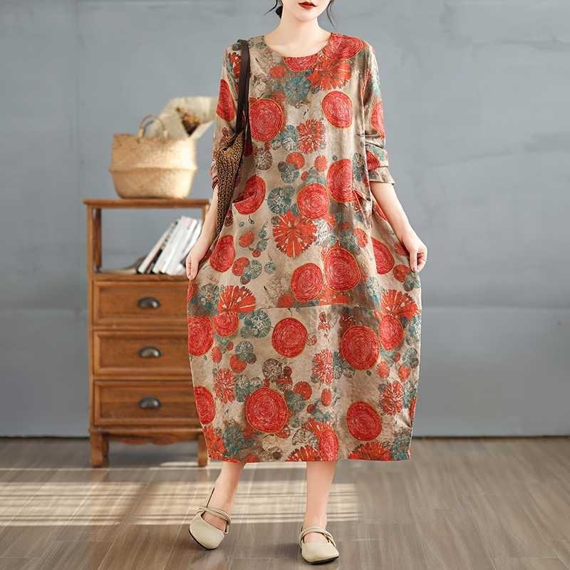 New Retro Printed Round Neck Loose Plus Size Long Dresses