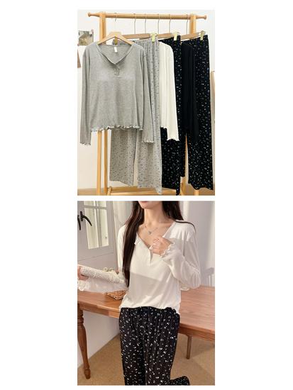 Dammode Blommig Långärmad Pyjamas Set med Bröstvadd - Plus Size, Lös Passform, Casual Hemmakläder