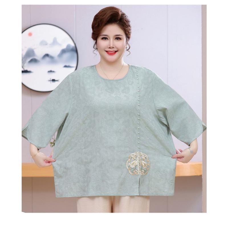 Summer Dress with Three-quarter Sleeves Plus Fat for Middle-aged and Elderly People New Chinese Style National Style Embroidery