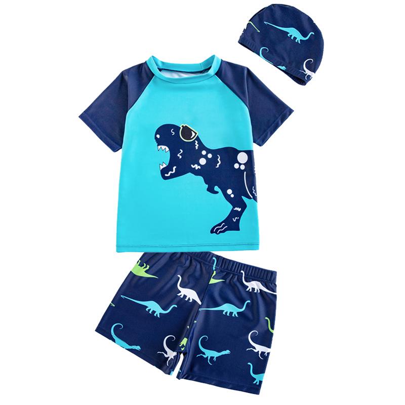 Boys' Dinosaur Two-Piece Swimsuit with Swim Cap for Infants and Toddlers