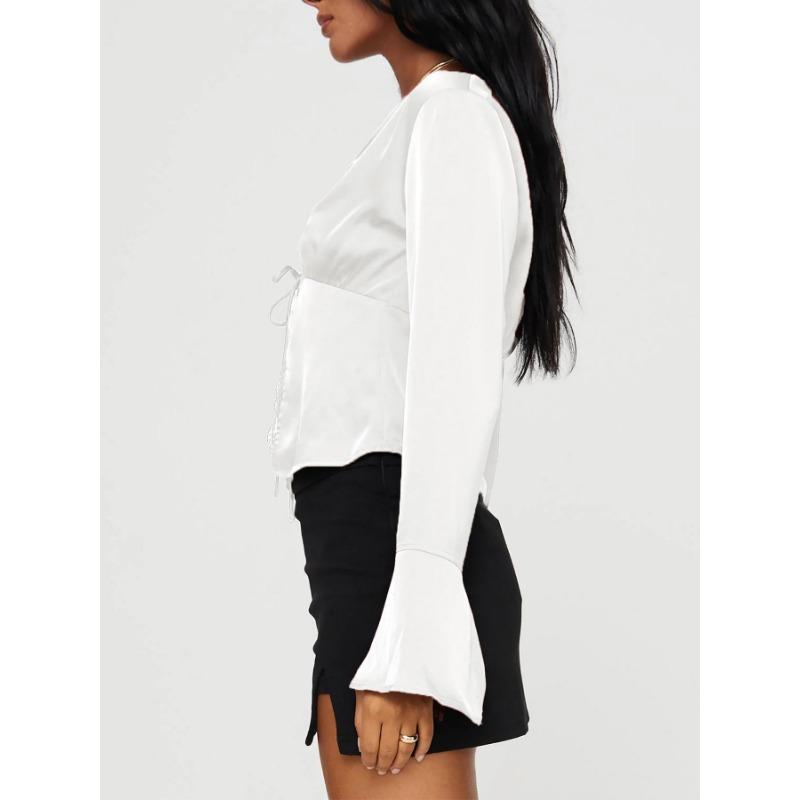 Women S V Neck Long Sleeve Lace Bow Open Front Top
