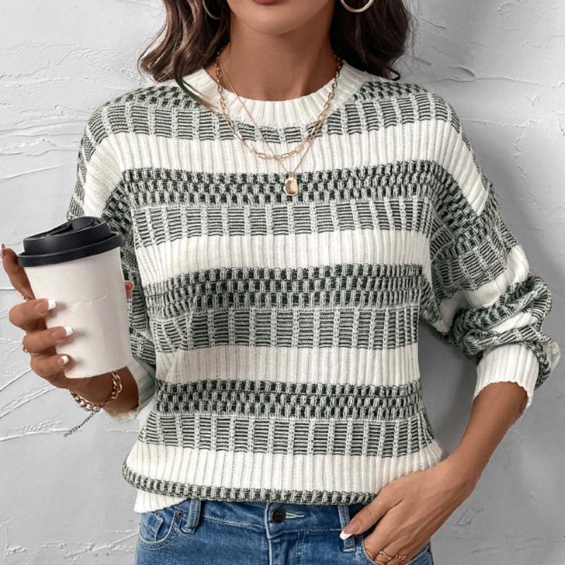 2026 Retro Style Loose Round Neck Double Stripe Long Sleeve Sweater for Women - Autumn/Winter Collection