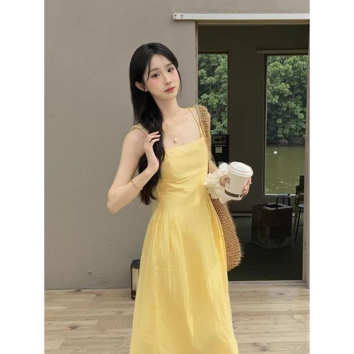 French Small Yellow Suspender Dress Women's Summer New Waist Temperament Long Dress Seaside Vacation Skirt