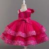 Girls Beaded Bow Tie Sequin Mesh Children's Sleeveless Evening Dress School Graduation Party Multi Layered Dress