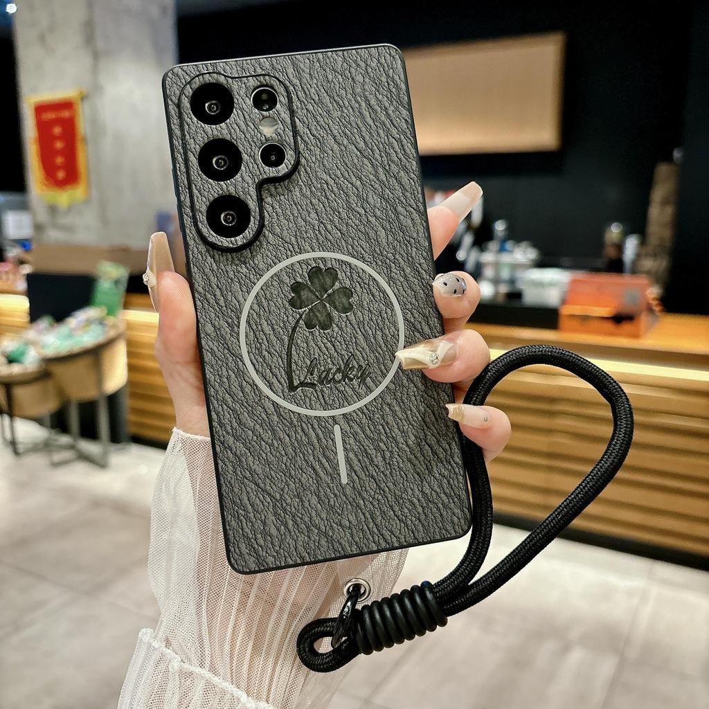 Samsung S25ULTRA Kleeblatt Leder Magnetische Handyhülle - Kompatibel mit S24FE/S23p, Vollständige Abdeckung, Sturzschutz.