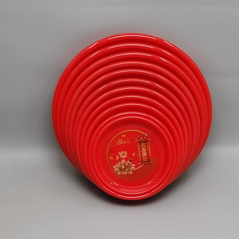 Red Gold Jade Buddha Offering Round Fruit Plate Tray