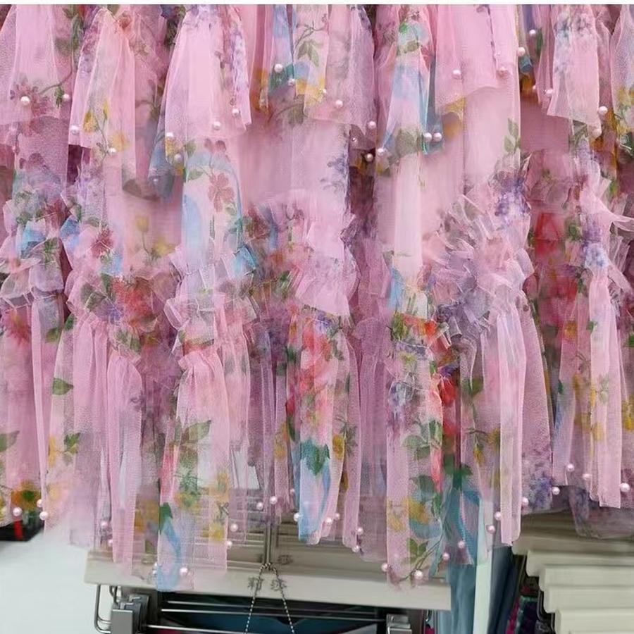 Reinforcement Nail Pearl Patchwork Printed Mesh Cake Dress Half Skirt for Girls New Hollow Out Long Dress