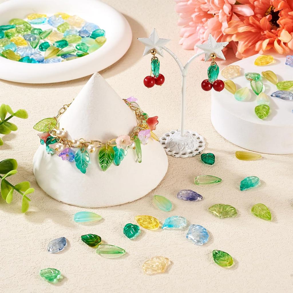 Pandahall 150Pcs Green Leaf Beads Transparent Glass Crystal Tree Leaves Pendants Tiny Green Leaf Bead Caps for DIY Spring Craft Earring Bracelet