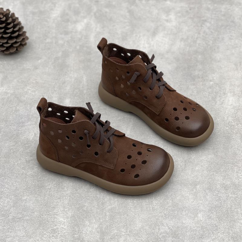 GKTINOO Retro Genuine Leather Hollow-out Boots 2025 Summer New Round Toe Flat Elastic Lace-up Soft Cowhide Women's Sandals