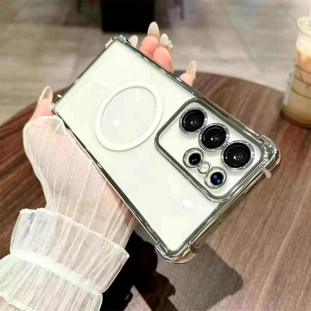 Luxury Transparent Magnetic Phone Case For Samsung S25 24 S23 S22 Ultra S23 S22 Plus Four Corner Anti Fall Cover