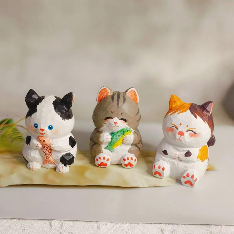 Wooden Lucky Cat Craft Decor With Cute Design For Home Office And Car Interior