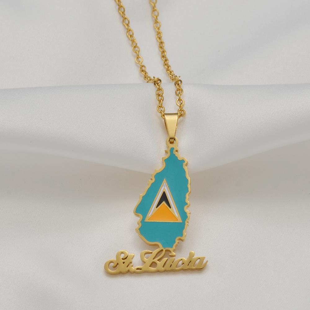 Anniyo Saint Lucia Map Flag Pendant Necklace for Women Girl Jewelry St. Lucia Chains Jewellery @126521 45cm OR 17.7 Inches