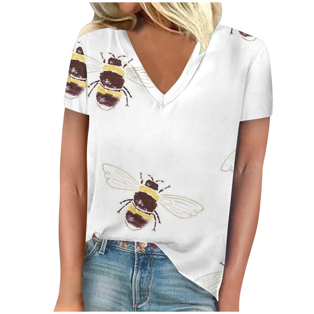 vintage women bee print t shirt short sleeve v neck tops comfortable t-shirts