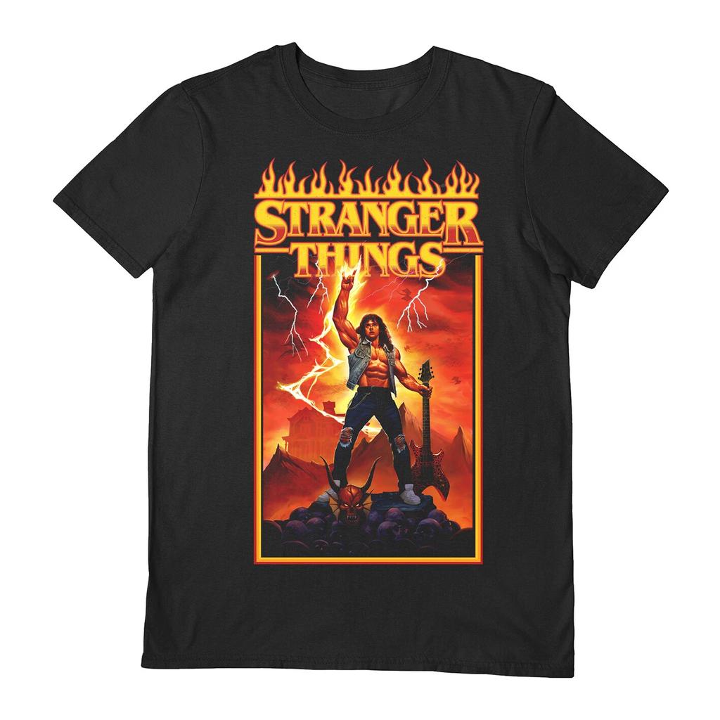 Stranger Things 100% Cotton T-shirt Mens Tees Top - Official Hellfire Rock God Black S/S