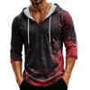 Men's Loose Fit Casual Hoodie 3/4 Sleeve Pullover Halloween Graphic Print Lightweight Hooded Shirt for Everyday Wear