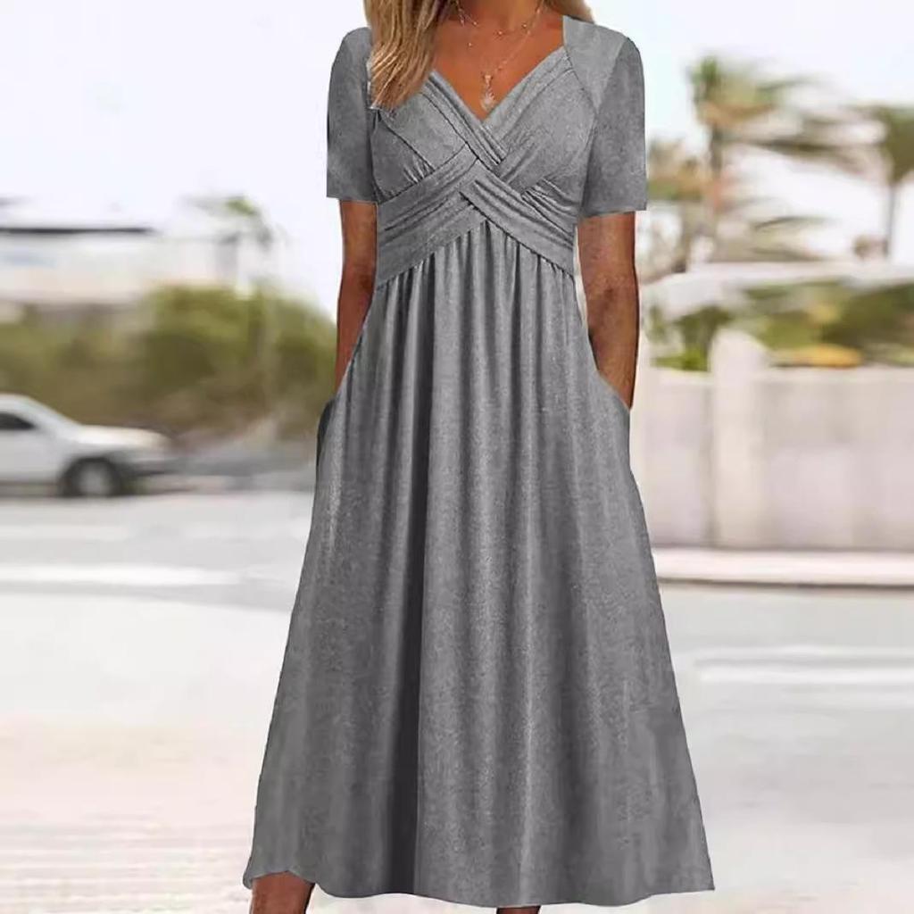 2026 Women's Autumn Pullover Dress: Solid Color, Short Sleeve, Round Neck, Umbrella Skirt