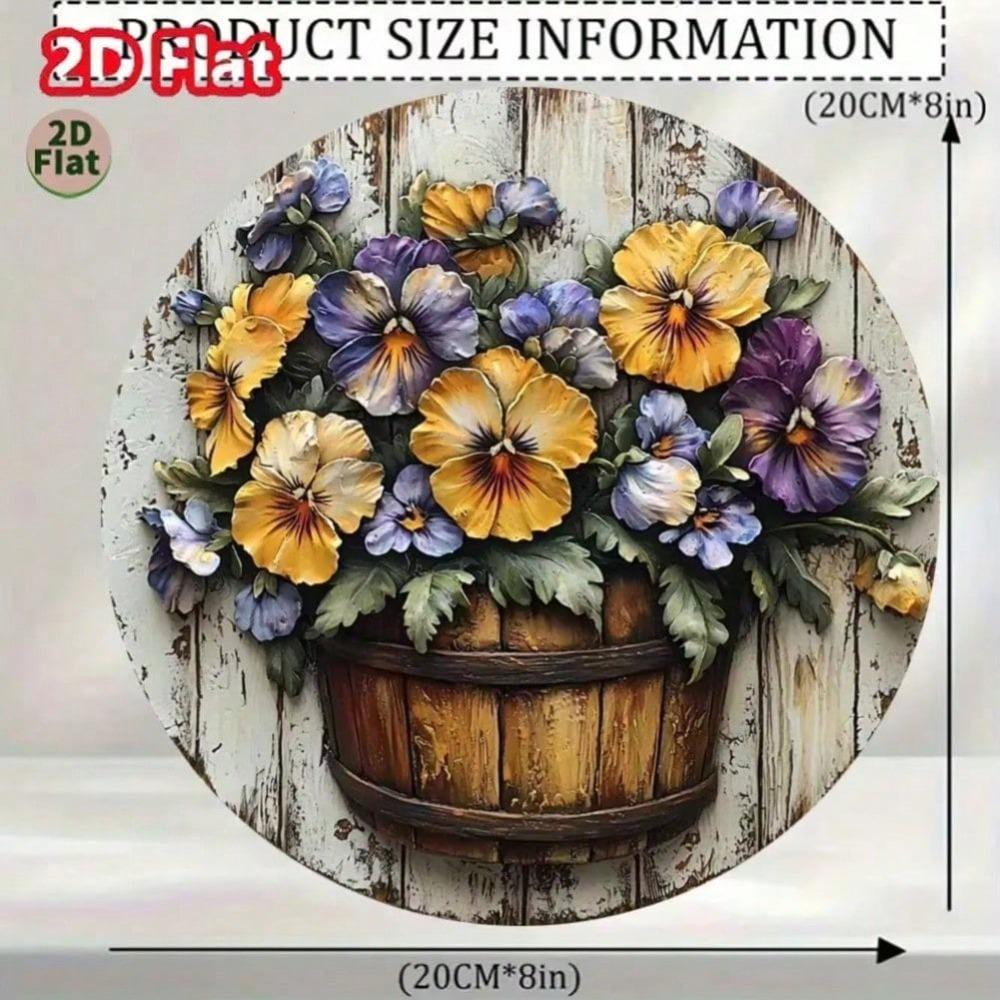 2D Flat Shabby Chic Round Tin Wall Art, Vintage Pansies in Metal Barrel Weathered Design