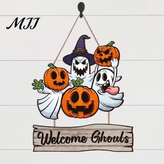 Thick Wood Halloween Plaque Happy Door Sign for Front Door, Wooden Ghost Pumpkin Hanging Hanger Plaque, Spooky Welcome Wreath Tree, Wall, Party