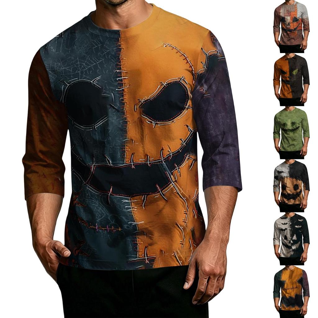 Men's Casual Halloween Print Patchwork Crew Neck T Shirt Three Quarter Sleeve Top Comfortable Fit Lightweight Fabric