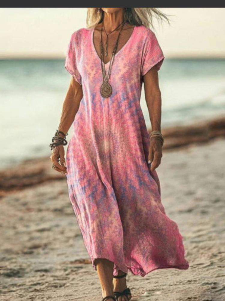 

Жіноча максі-сукня з V-подібним вирізом та коротким рукавом з квітковим принтом, пляжна накидка, літня повсякденна довга сукня в стилі бохо 3XL