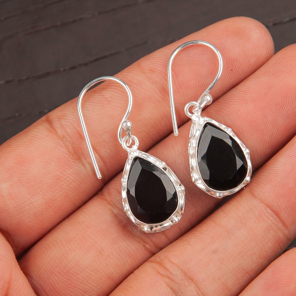 Natural Black Onyx Gemstone 925 Sterling Silver Jewelry Handmade Earrings 1.30" EE-3-13