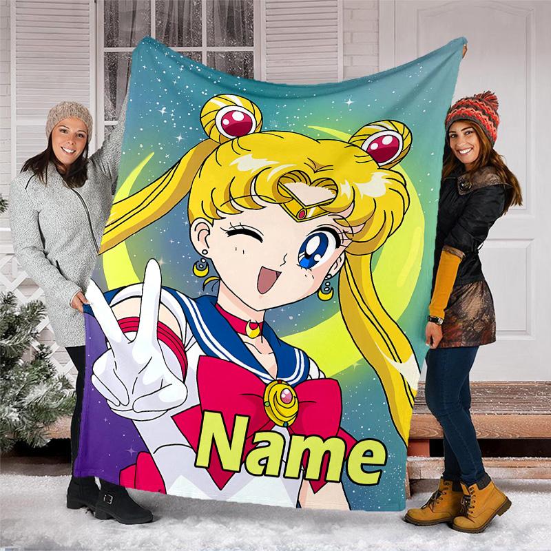 Customizable Sailor Moon Throw Blanket – Personalized Name, All-Season Cozy Snug Blanket, Machine Washable, Personalized Blanket