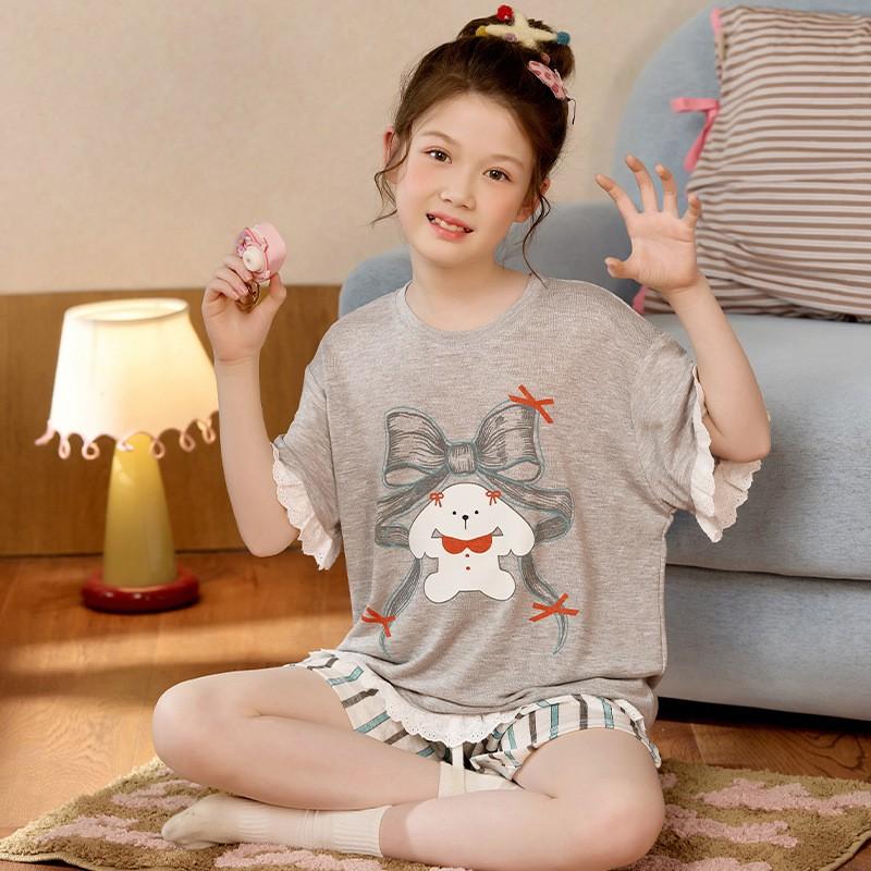 Girls Pajama Set Short Sleeve Cartoon Print Lyocell Cotton Sleepwear Ages 8 Comfortable Lightweight Home Outfit