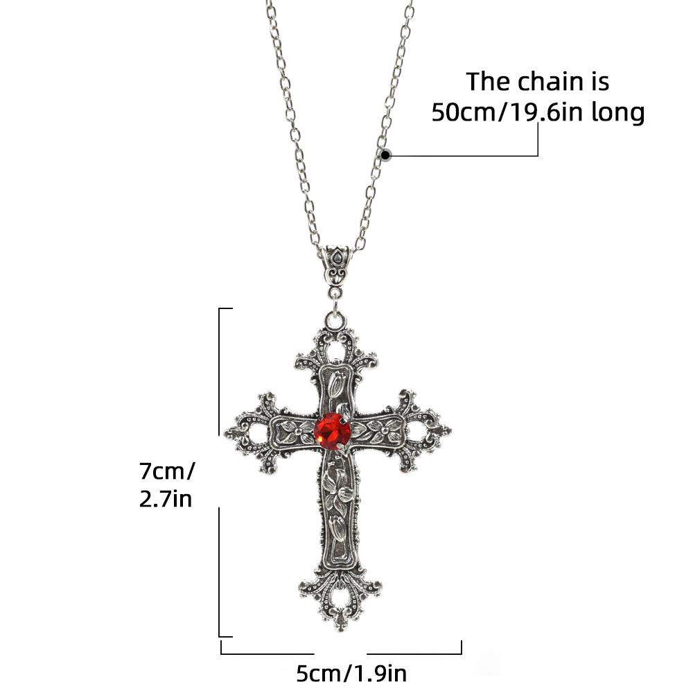 Large Gothic Cross Drill Pendant Jewelry Necklace Silver Color Red Tone Punk Jewellery Fashion Charm Statement Women Gift