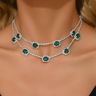 Temperament Emerald Double Layer Stacked Design Sense Niche Personality Necklace Clavicle Chain Female Necklace