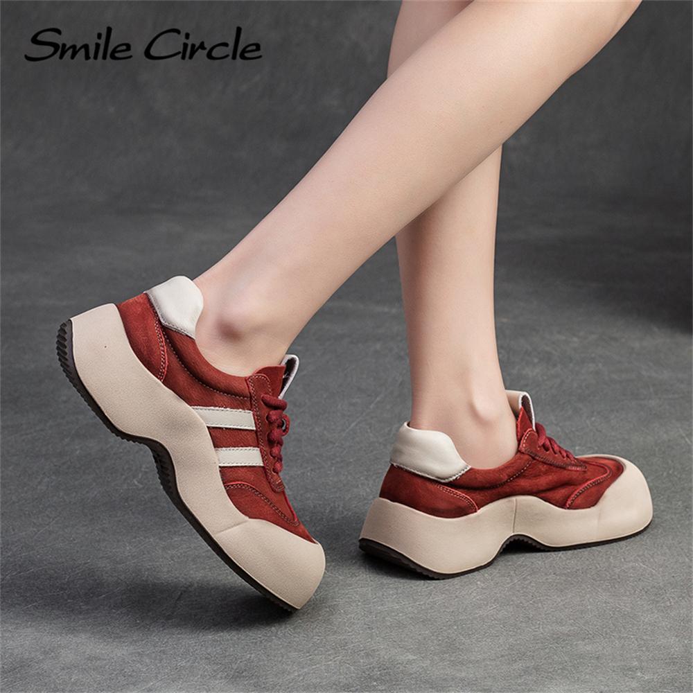 Genuine Leather Women Sneakers Increased Height Thick Bottom Flat Shoes Fashion Retro Casual Shoes