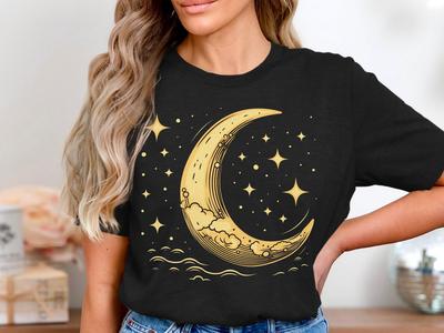 Crescent Moon Celestial Night Sky Yoga T-Shirt - Gold Moon Phase Graphic Tee