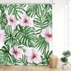Tropical Shower Curtain Botanical Bathroom Decor with Hooks, Green Monstera Leaves & Pink Hibiscus Flowers On White Background