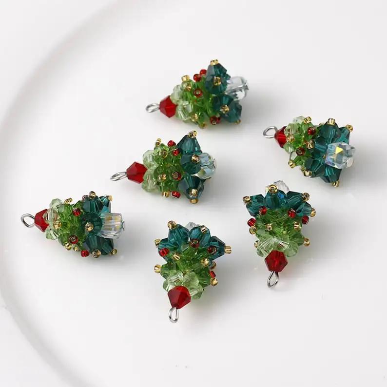 Winter Christmas Tree Charm Beaded Crystal Glass Handmade Woven for Earrings and Necklace Diy Making Jewelry Gifts Wholesale