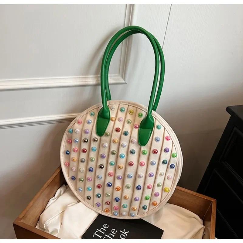 Colorful Rivet Canvas Circular Shoulder Bag Large Capacity Unique Design Casual Tote Bag for Women Fashion 4 New Style