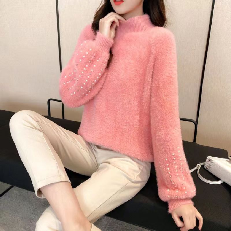 Half Turtleneck Mohair Sweater Women's Autumn and Winter Long-sleeved All-match Slim Pullover Knitted Top
