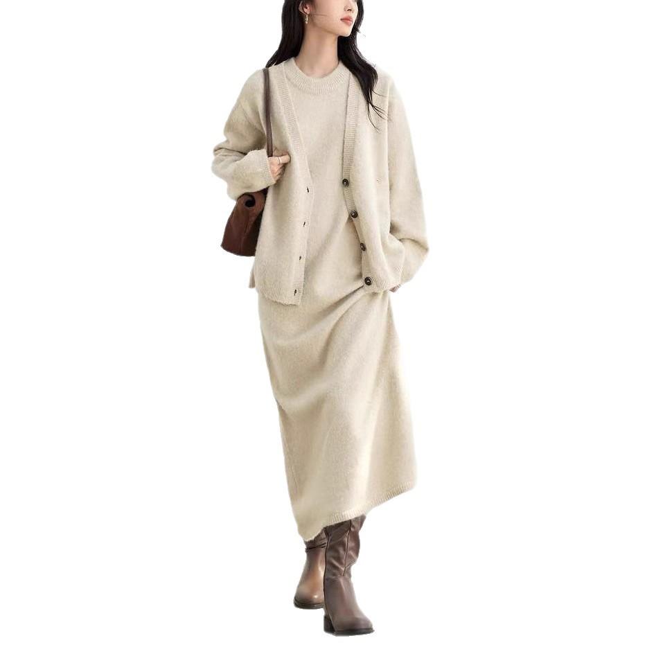 Women's Round Neck Temperament Sweater Jacket Mid-length Dress Long Sleeve Suit