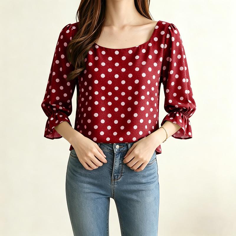 ZANZEA Women Polka Dot Print Casual Round Neck 3/4 Sleeve Elegant Blouse