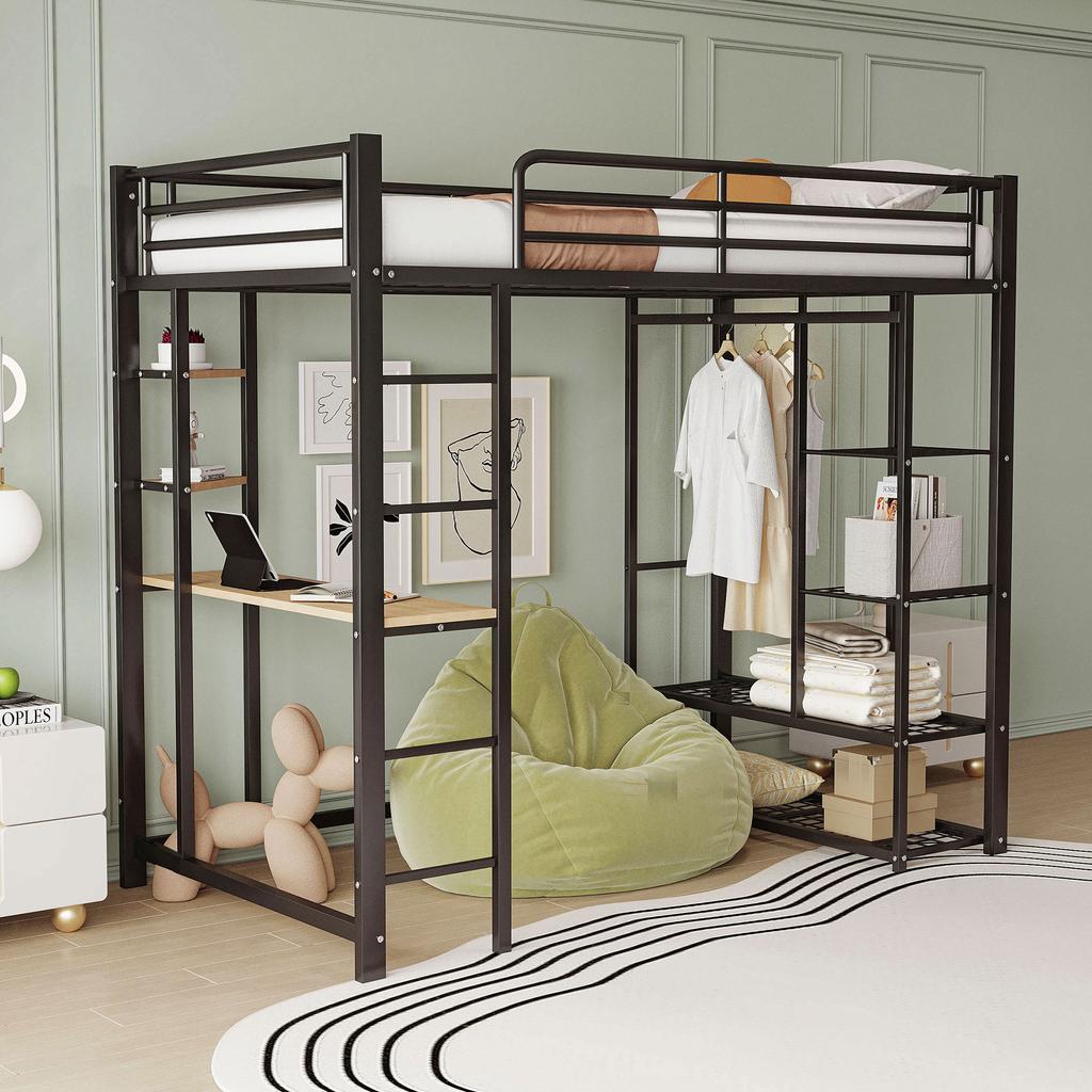 Hochbett mit Leiter 90*200cm, Einzelbett Kinderbett mit Tisch mit einfacher Aufhängung mit Staufächern, Schwarz