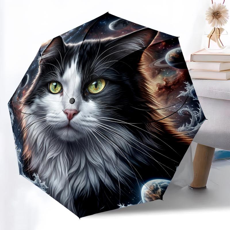 1pc Sturdy 8-Bone Auto Umbrella, Adorable Black Feline Pair Umbrella, Digital Printed, Foldable Umbrella for On-the-Go Outdoor Use