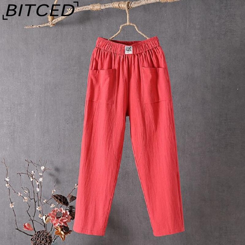 BITCED Summer Women Trousers Casual Cotton Linen Pants Loose Straight Trousers Nine Point Harem Pants