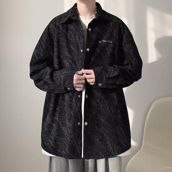 Spring Fall Men Shirt Retro American Style Corduroy Embroidery Japanese Style Loose Single-breasted Long Sleeves