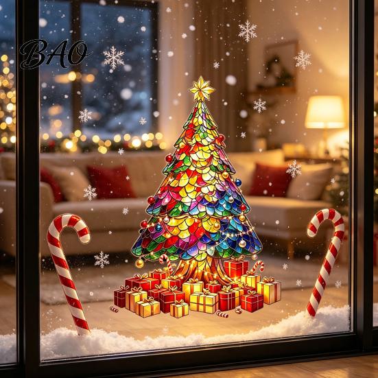 Removable Winter Window Decorations Stained Glass Style Christmas Tree Stickers, PVC Static Cling Decals for Party Supplies Holiday Home Decor,