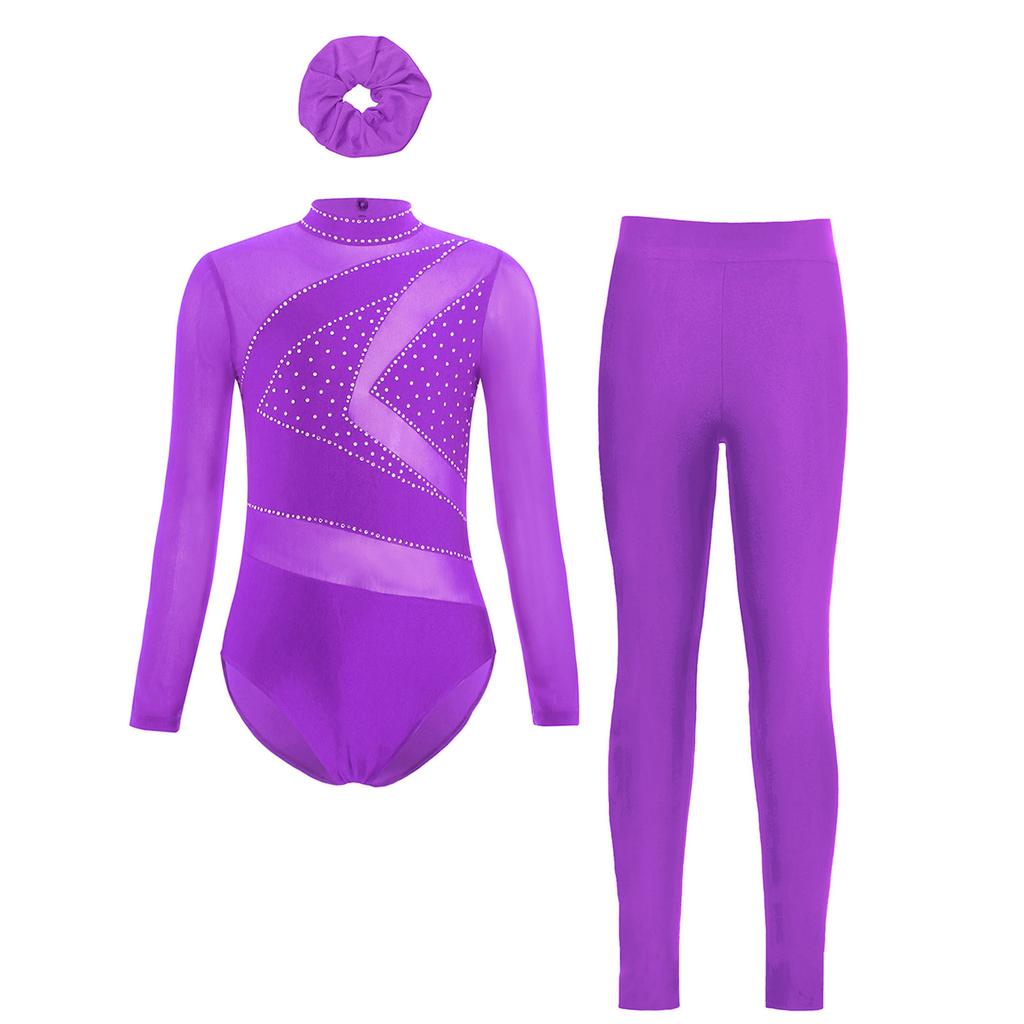 Girls Mesh Long Sleeve Cutout Back Leotard Sparkly Rhinestone Figure Skating Leggings Headband Set